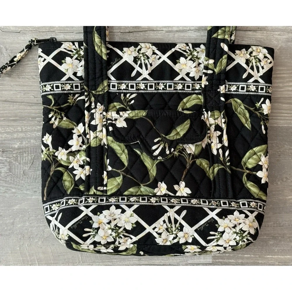 Retired Vera Bradley Black Jasmine Floral Quilted Medium Tote & Makeup Bag EUC